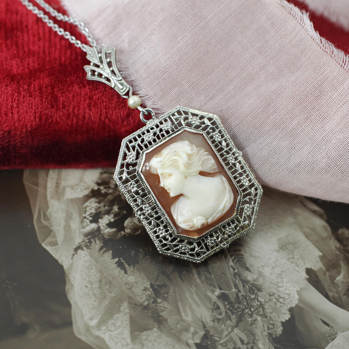 Vintage Cameo Necklace - Art Deco Era 10k White Gold Carved Shell Square Pendant Lavalier - Circa 1930s Filigree 14k Chain Fine 30s Jewelry