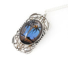 Morpho Butterfly Pendant - Retro Sterling Silver Blue Wing Necklace - Vintage Circa 1940s Era Tropical Sun Palm Tree Beach Souvenir Jewelry