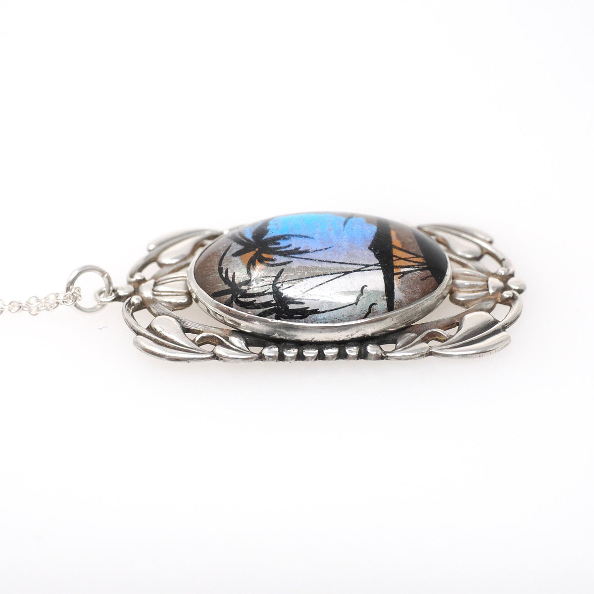 Morpho Butterfly Pendant - Retro Sterling Silver Blue Wing Necklace - Vintage Circa 1940s Era Tropical Sun Palm Tree Beach Souvenir Jewelry