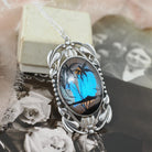 Morpho Butterfly Pendant - Retro Sterling Silver Blue Wing Necklace - Vintage Circa 1940s Era Tropical Sun Palm Tree Beach Souvenir Jewelry