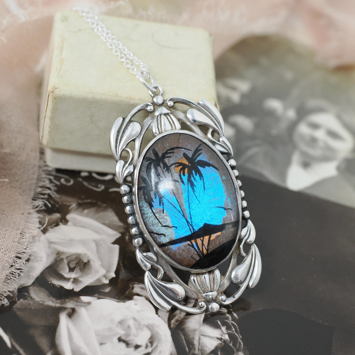 Morpho Butterfly Pendant - Retro Sterling Silver Blue Wing Necklace - Vintage Circa 1940s Era Tropical Sun Palm Tree Beach Souvenir Jewelry