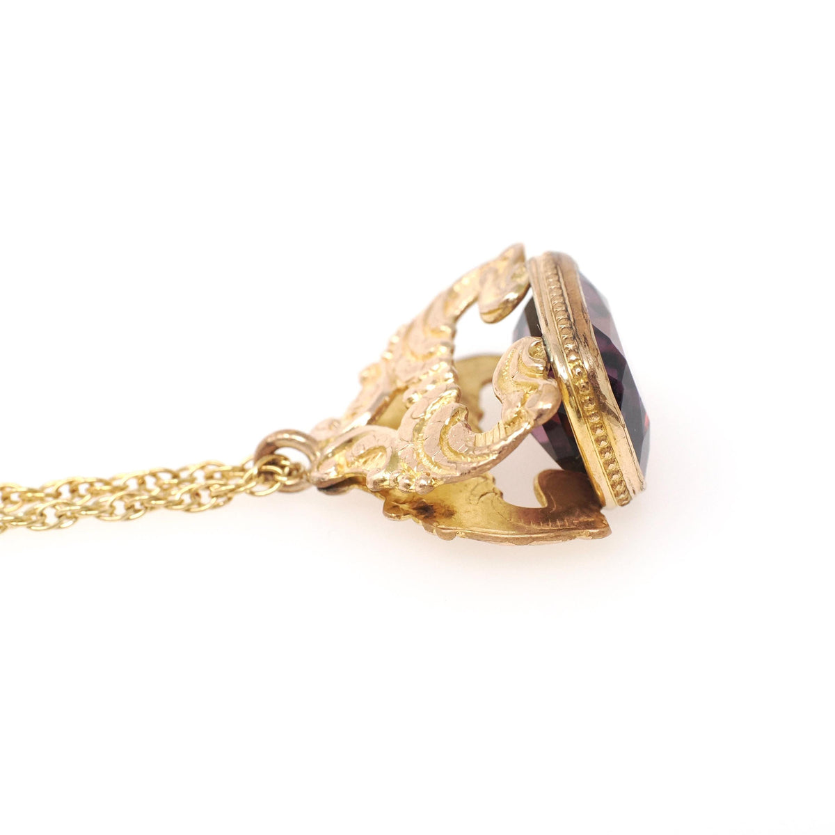 Antique Fob Necklace - Victorian Era Yellow Gold Filled Faceted Purple Glass Wax Seal - Circa 1890s Swirled Repousse Watch Pendant Jewelry