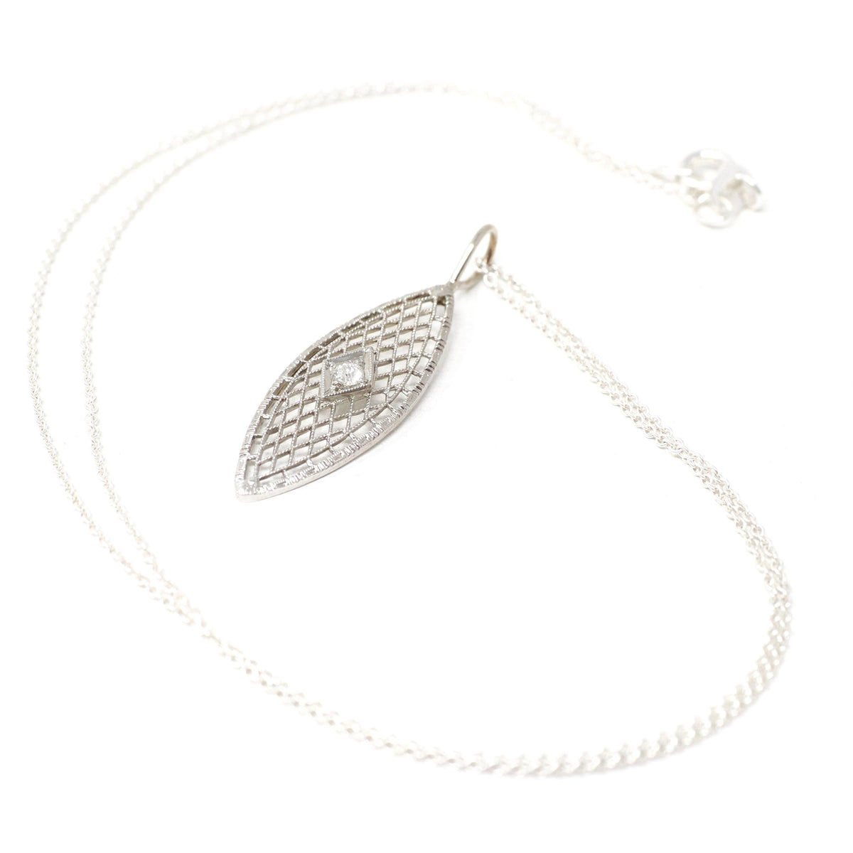 Art Deco Necklace - Vintage 14k White Gold Filigree Brooch Conversion Pendant - Circa 1930s Era .05 CT Diamond Gemstone Dainty Fine Jewelry