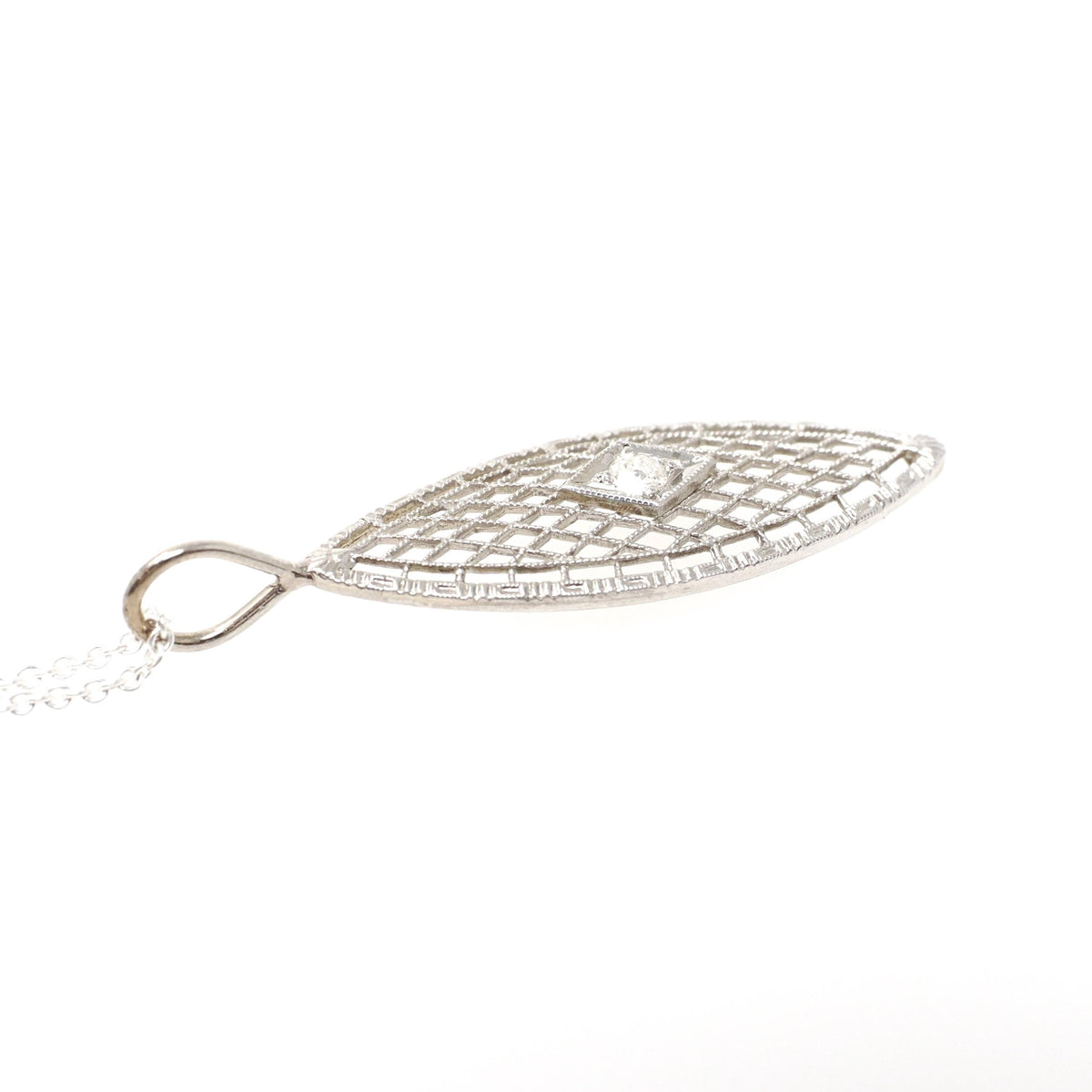Art Deco Necklace - Vintage 14k White Gold Filigree Brooch Conversion Pendant - Circa 1930s Era .05 CT Diamond Gemstone Dainty Fine Jewelry