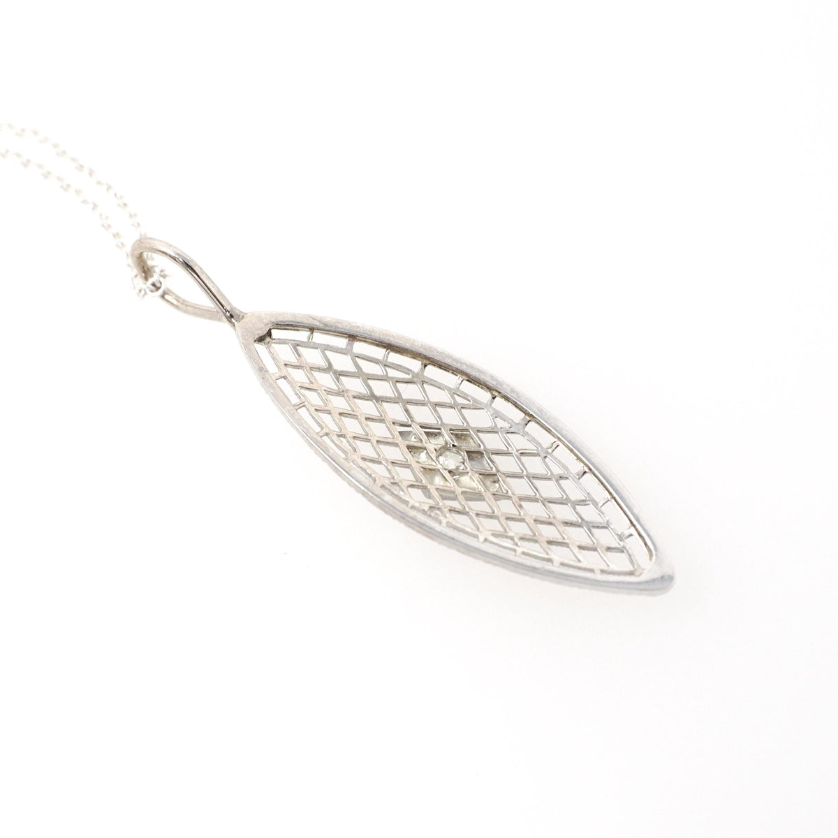 Art Deco Necklace - Vintage 14k White Gold Filigree Brooch Conversion Pendant - Circa 1930s Era .05 CT Diamond Gemstone Dainty Fine Jewelry