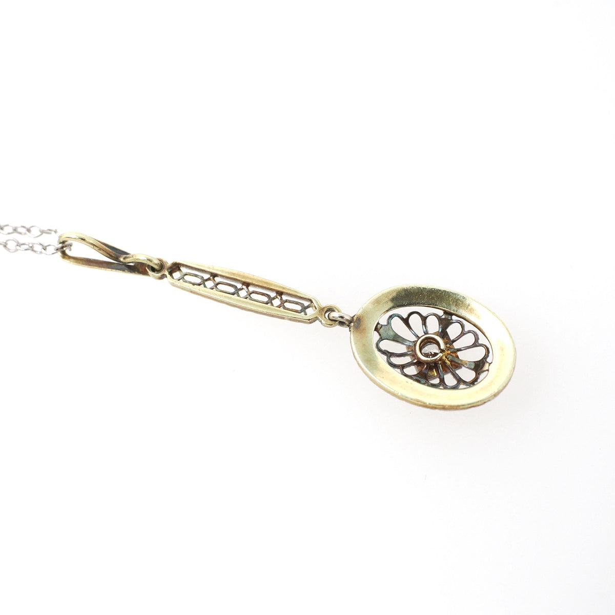 Edwardian Diamond Pendant - Antique 14k White Gold Natural Gemstone Charm Necklace - Vintage Circa 1910s Era Oval Filigree Fine Jewelry