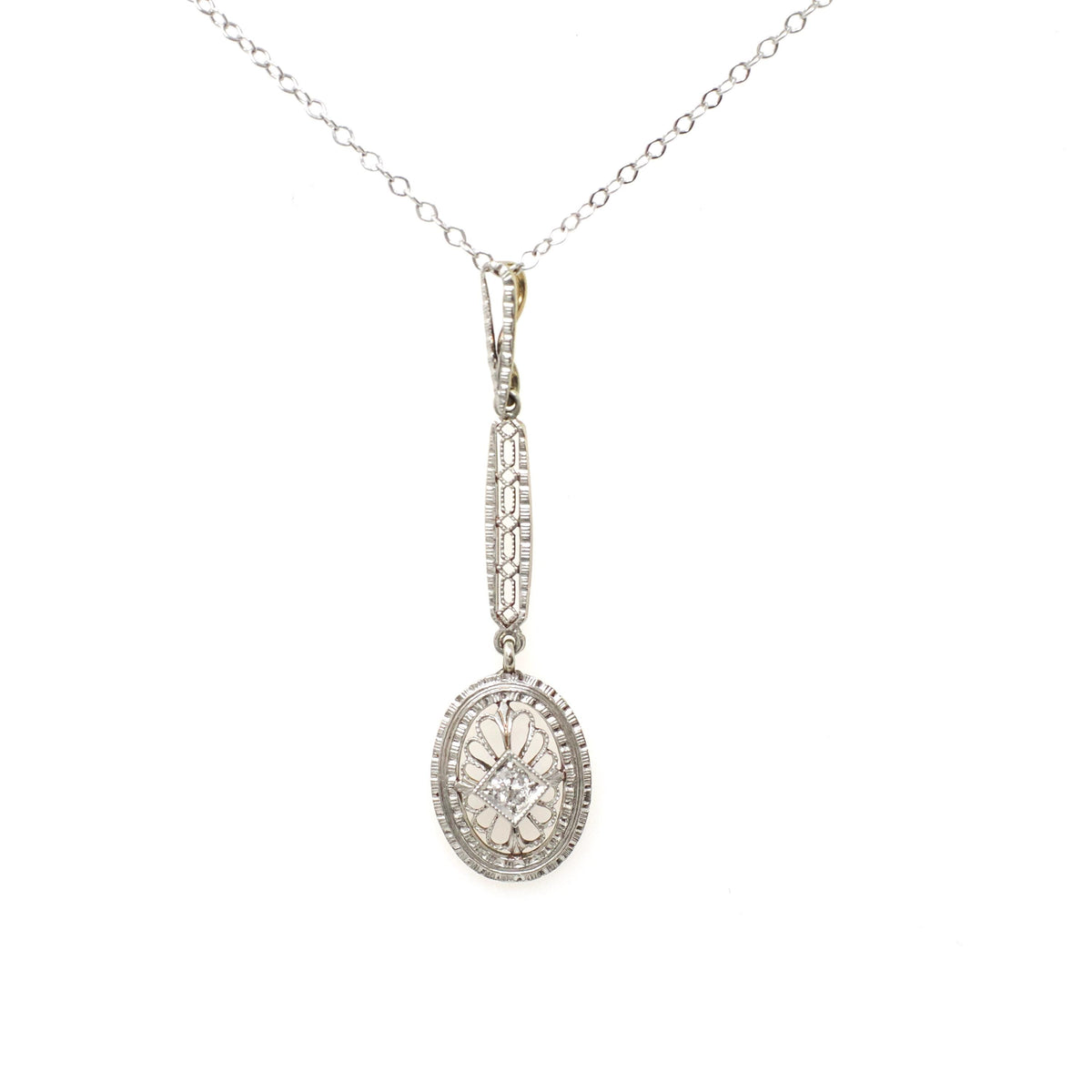 Edwardian Diamond Pendant - Antique 14k White Gold Natural Gemstone Charm Necklace - Vintage Circa 1910s Era Oval Filigree Fine Jewelry