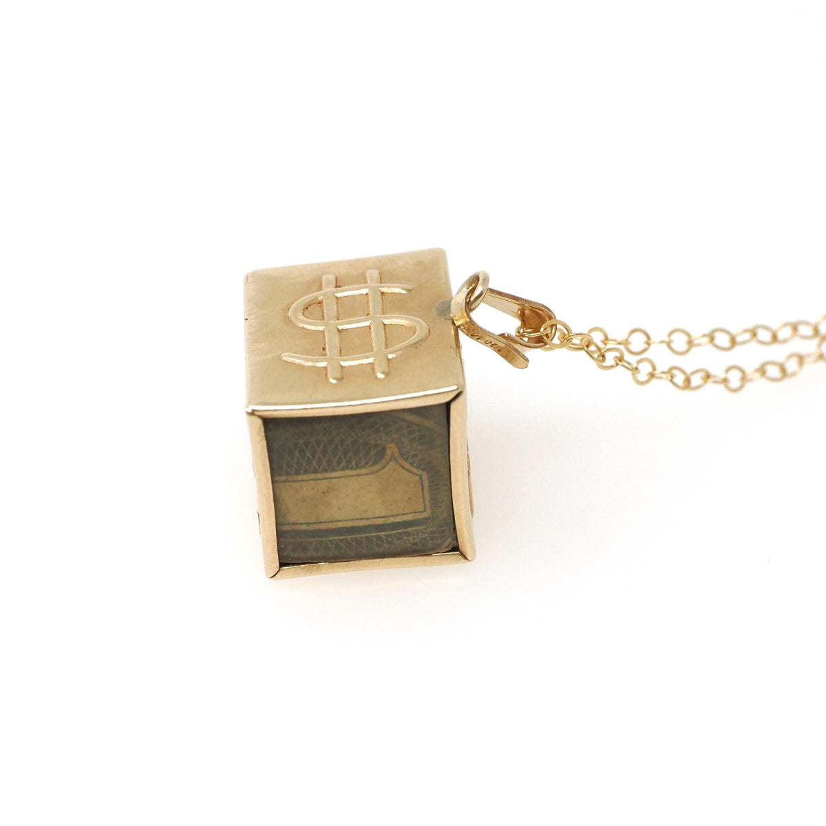 Mad Money Charm - Mid Century 14k Yellow Gold Pendant Statement Necklace - Vintage Circa 1950s Era Real Dollar Bill Fine Keepsake Jewelry