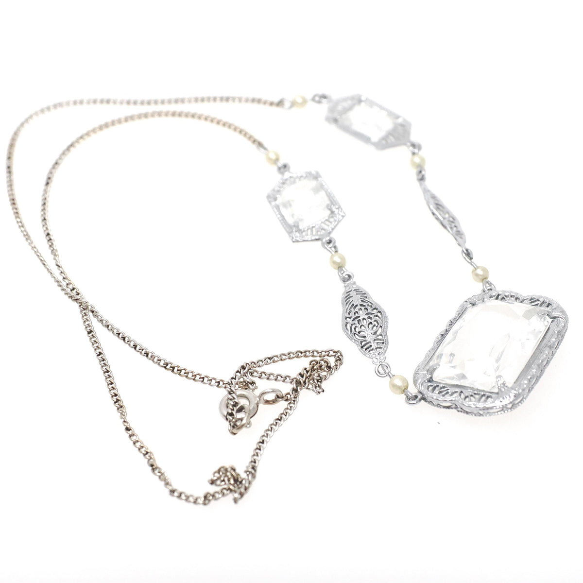 Art Deco Filigree Necklace - Vintage 10k White Gold Simulated Rock Crystal Quartz Links - Circa 1930s Era Clear Glass Fine Fashion Jewelry