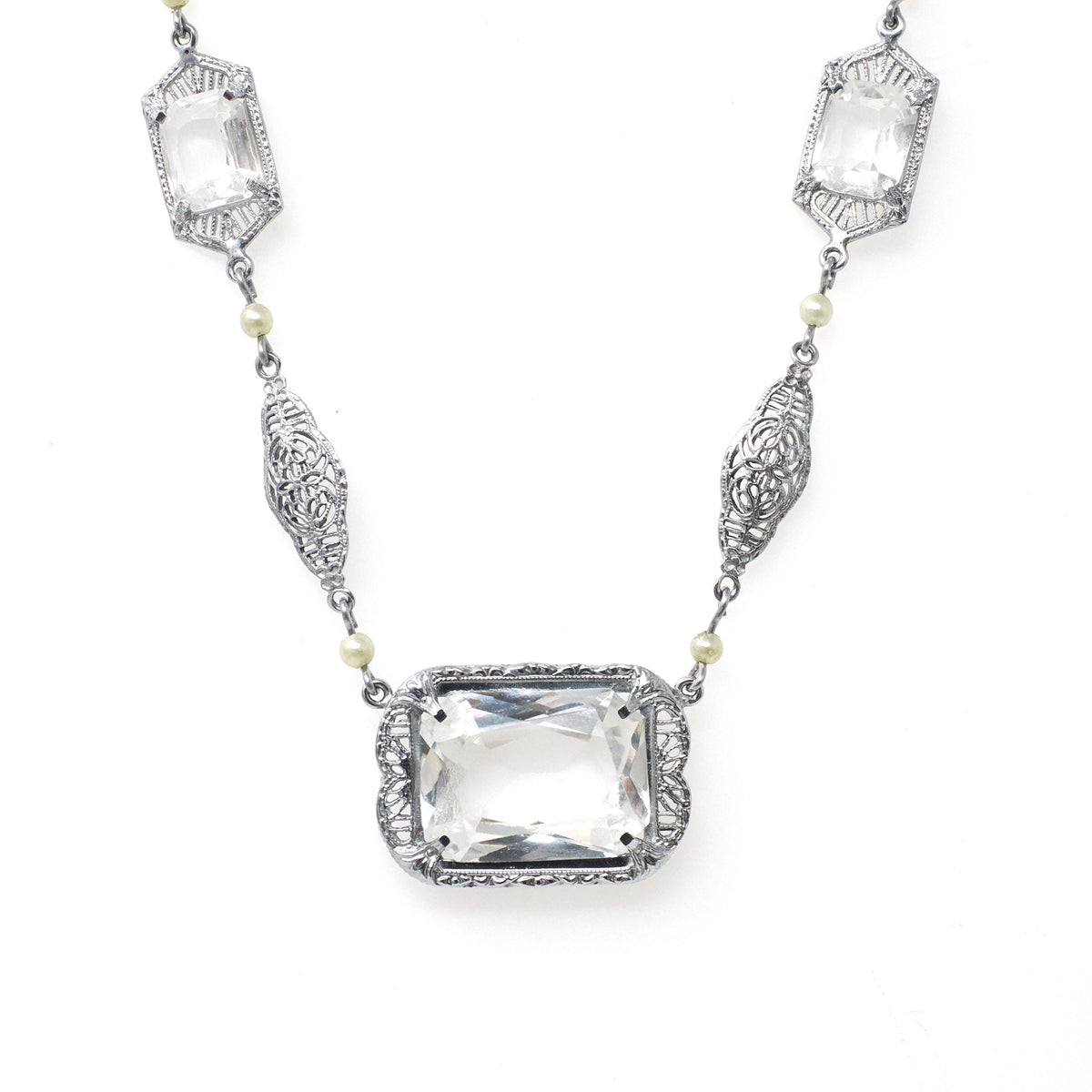 Art Deco Filigree Necklace - Vintage 10k White Gold Simulated Rock Crystal Quartz Links - Circa 1930s Era Clear Glass Fine Fashion Jewelry