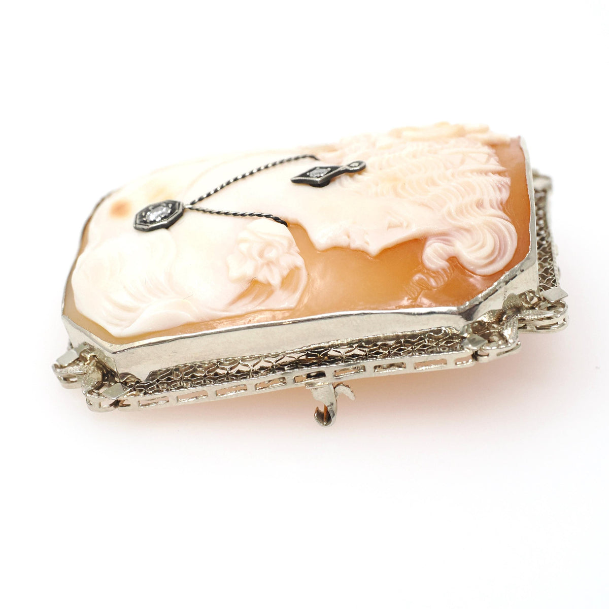 Habillé Cameo Brooch - Art Deco Era 14k White Gold Natural Diamonds Carved Shell Woman's Profile Filigree Pin - Circa 1920s Fine Jewelry