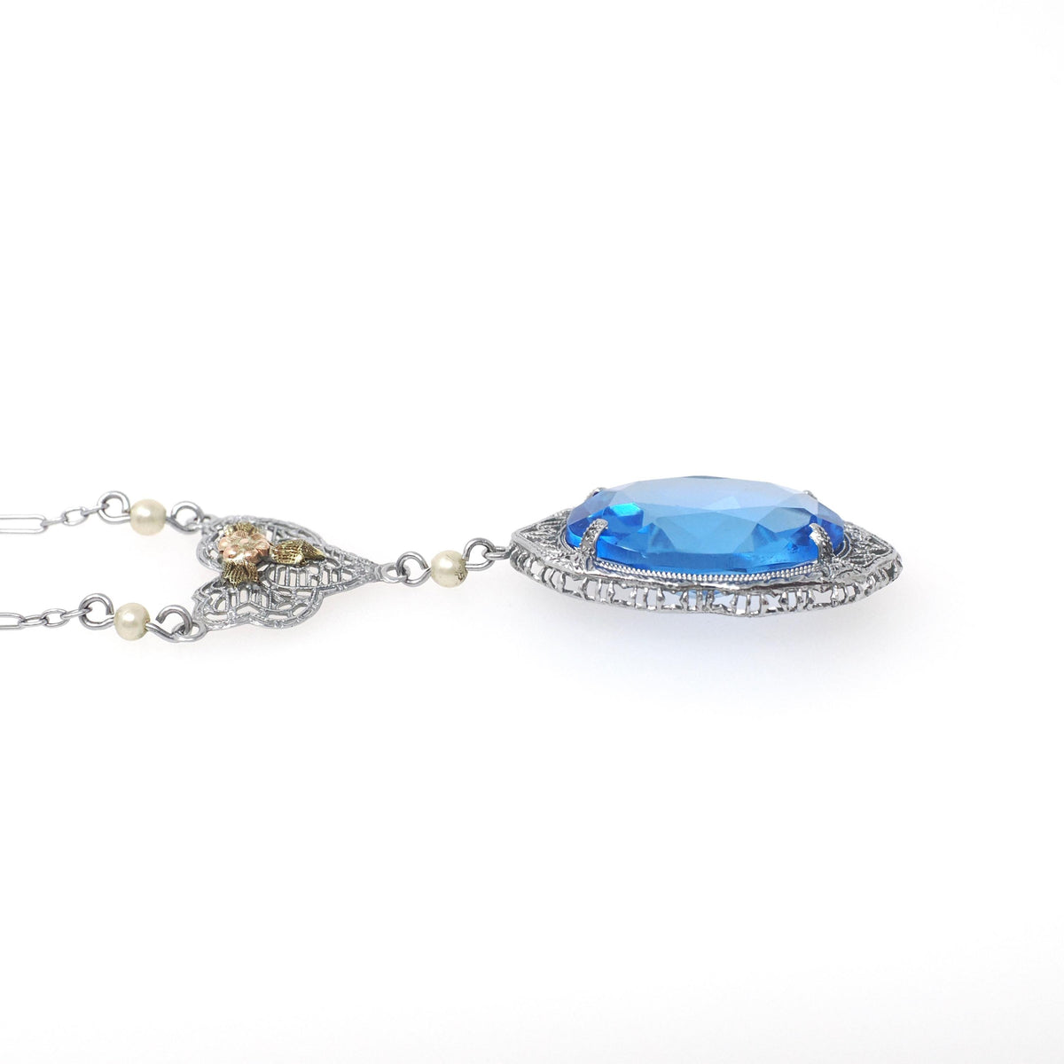 Art Deco Lavalier Necklace - Vintage 14k White Gold Simulated Blue Sapphire - Circa 1930s Era Blue Glass Tri Color Fine Fashion 30s Jewelry