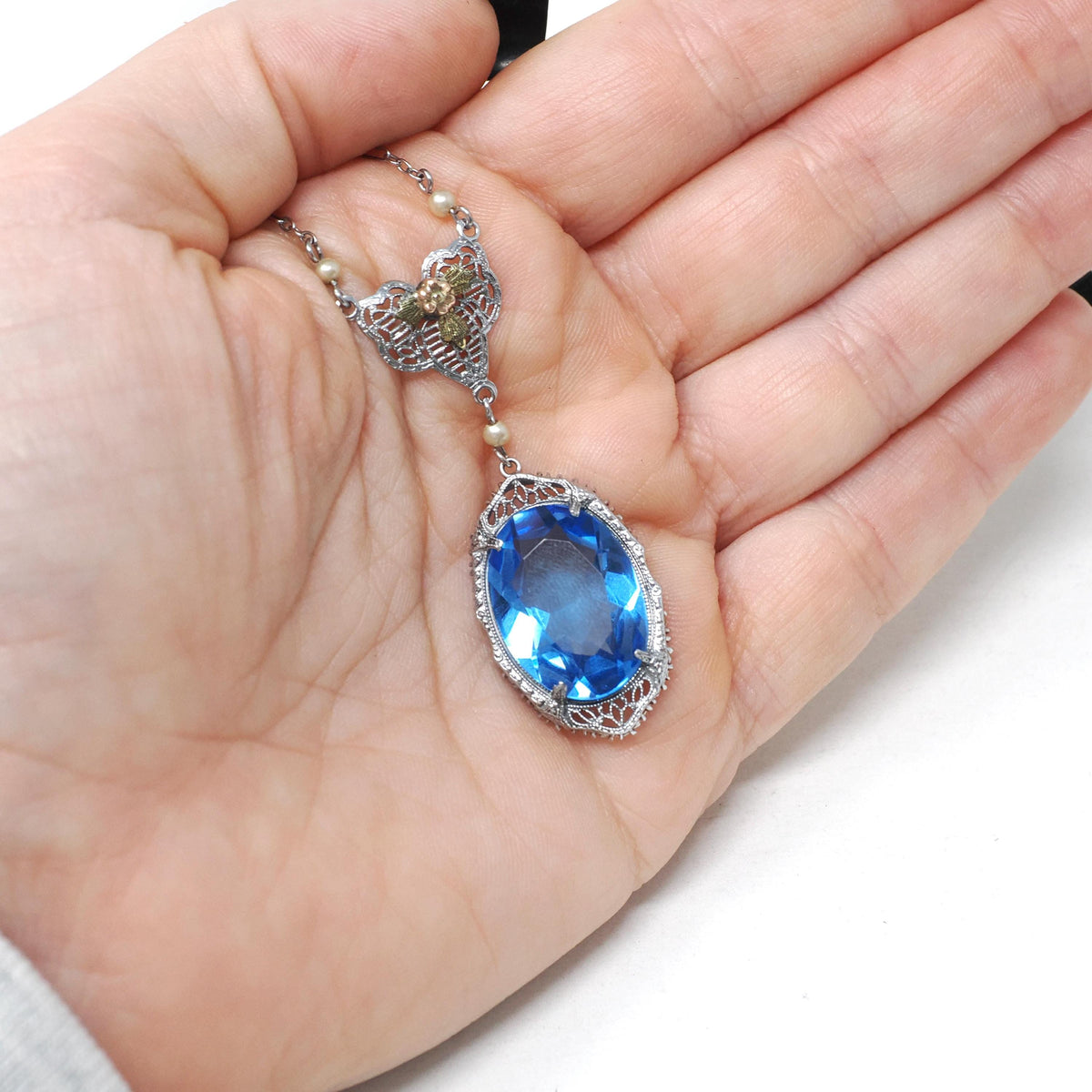 Art Deco Lavalier Necklace - Vintage 14k White Gold Simulated Blue Sapphire - Circa 1930s Era Blue Glass Tri Color Fine Fashion 30s Jewelry