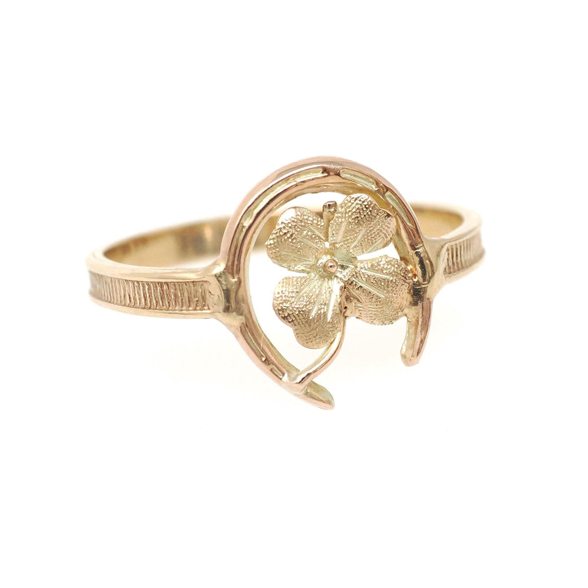 Vintage Equestrian Ring - Mid Century 14k 10k Yellow Gold Horseshoe Clover Design - Circa 1950s Era Size 8 Fine Horse Luck Statement Jewelry