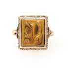 Tiger's Eye Ring - Retro 10k Yellow Gold Natural Carved Warrior Brown Gemstone - Vintage Circa 1940s Era Size 5 1/2 Statement Fine Jewelry