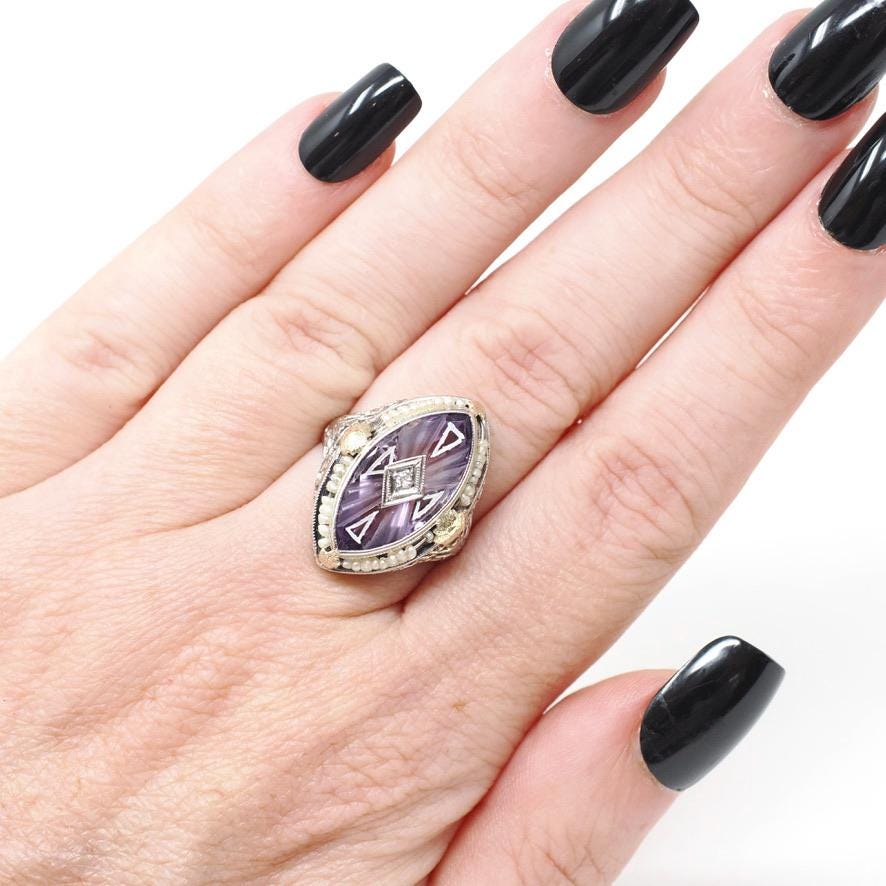 Amethyst Filigree Ring - Vintage Art Deco 14k White Gold Carved Purple Gem Navette Shield - Circa 1930s Size 5 Pearl Diamond Fine Jewelry