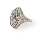 Amethyst Filigree Ring - Vintage Art Deco 14k White Gold Carved Purple Gem Navette Shield - Circa 1930s Size 5 Pearl Diamond Fine Jewelry