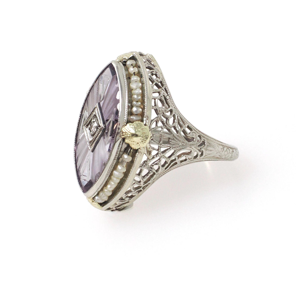 Amethyst Filigree Ring - Vintage Art Deco 14k White Gold Carved Purple Gem Navette Shield - Circa 1930s Size 5 Pearl Diamond Fine Jewelry