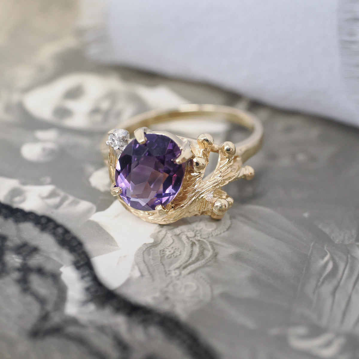Vintage Amethyst Ring - Modernist 14k Yellow Gold Natural Purple 2.50 CT & Diamond - Circa 1970s Size 9 Nature Inspired Branch Fine Jewelry