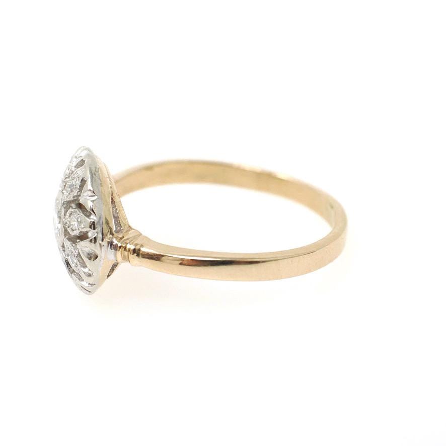 Flower Engagement Ring - Mid Century 14k Yellow White Gold .30 CTW Round Diamond Halo - Circa 1950s Era Size 8 Fine Nature Inspired Jewelry