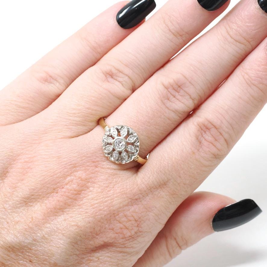 Flower Engagement Ring - Mid Century 14k Yellow White Gold .30 CTW Round Diamond Halo - Circa 1950s Era Size 8 Fine Nature Inspired Jewelry