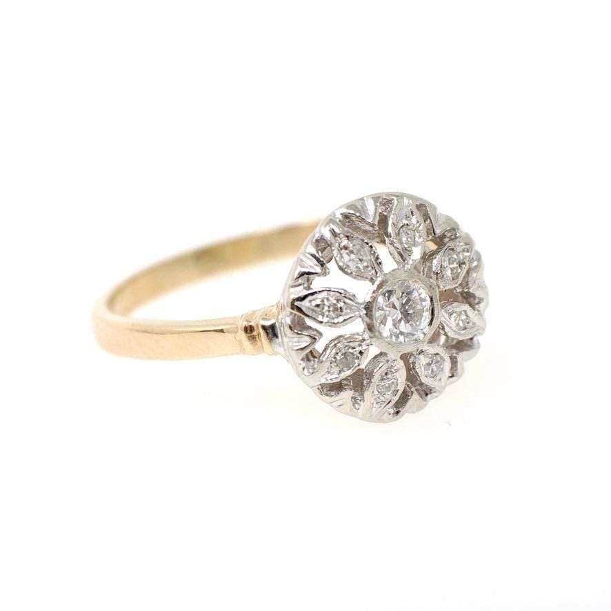 Flower Engagement Ring - Mid Century 14k Yellow White Gold .30 CTW Round Diamond Halo - Circa 1950s Era Size 8 Fine Nature Inspired Jewelry