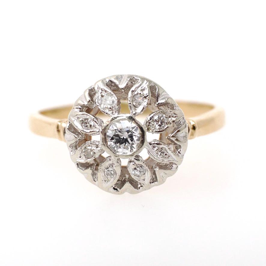 Flower Engagement Ring - Mid Century 14k Yellow White Gold .30 CTW Round Diamond Halo - Circa 1950s Era Size 8 Fine Nature Inspired Jewelry