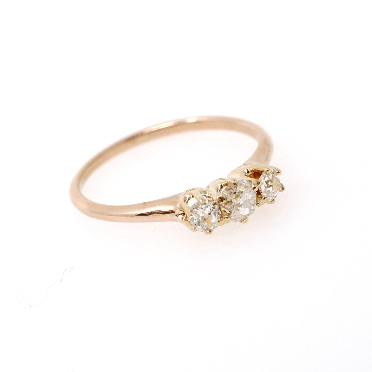 Edwardian Diamond Ring - Antique 10k Yellow Gold .51 CTW Old Mine Cut Three Stone Wedding Band - Circa 1910s Size 7 1/4 Fine Bridal Jewelry