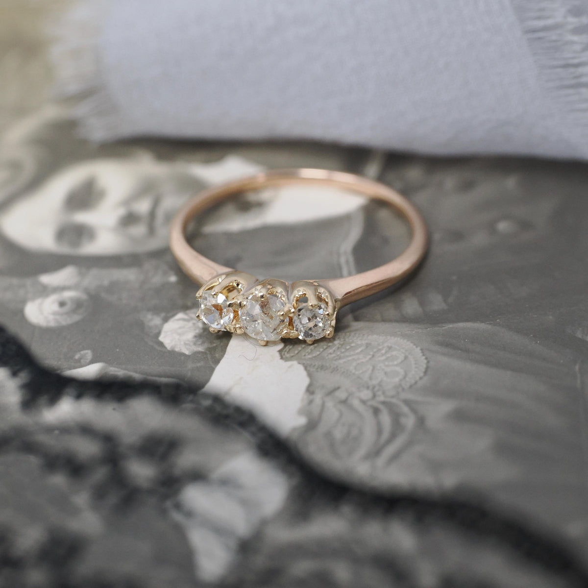 Edwardian Diamond Ring - Antique 10k Yellow Gold .51 CTW Old Mine Cut Three Stone Wedding Band - Circa 1910s Size 7 1/4 Fine Bridal Jewelry
