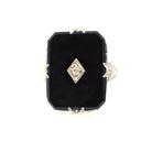 Onyx Filigree Ring - Art Deco Era 14k White Gold Natural .01 CT Diamond Accent - Vintage Circa 1930s Size 5 3/4 Black Chalcedony Jewelry