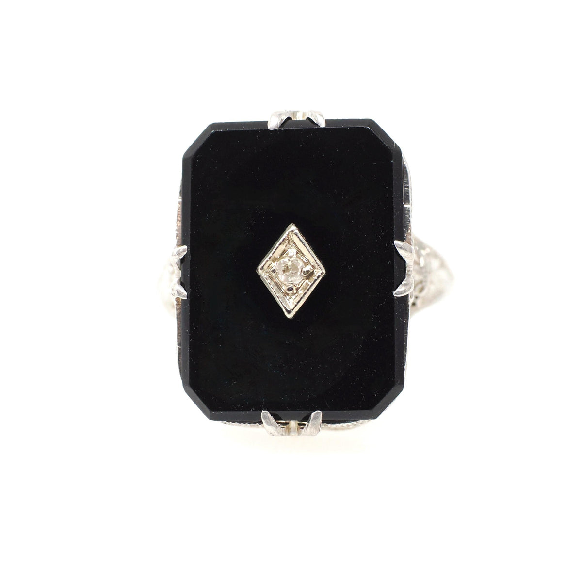 Onyx Filigree Ring - Art Deco Era 14k White Gold Natural .01 CT Diamond Accent - Vintage Circa 1930s Size 5 3/4 Black Chalcedony Jewelry