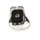 Onyx Filigree Ring - Art Deco Era 14k White Gold Natural .01 CT Diamond Accent - Vintage Circa 1930s Size 5 3/4 Black Chalcedony Jewelry