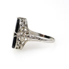 Onyx Filigree Ring - Art Deco Era 14k White Gold Natural .01 CT Diamond Accent - Vintage Circa 1930s Size 5 3/4 Black Chalcedony Jewelry