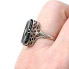 Onyx Filigree Ring - Art Deco Era 14k White Gold Natural .01 CT Diamond Accent - Vintage Circa 1930s Size 5 3/4 Black Chalcedony Jewelry