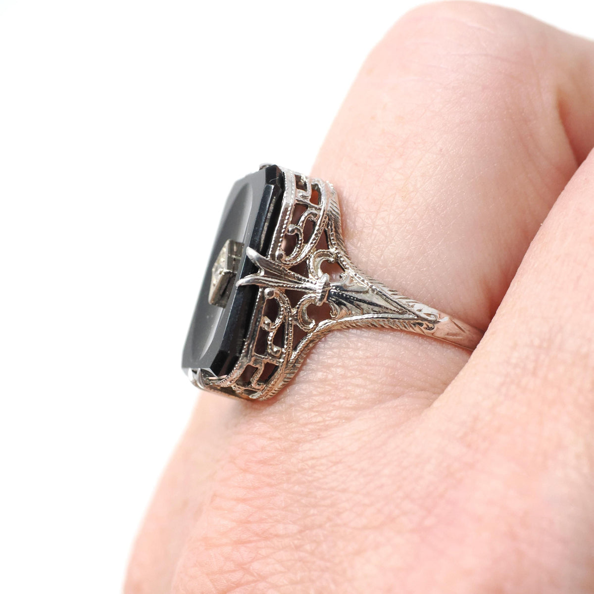 Onyx Filigree Ring - Art Deco Era 14k White Gold Natural .01 CT Diamond Accent - Vintage Circa 1930s Size 5 3/4 Black Chalcedony Jewelry