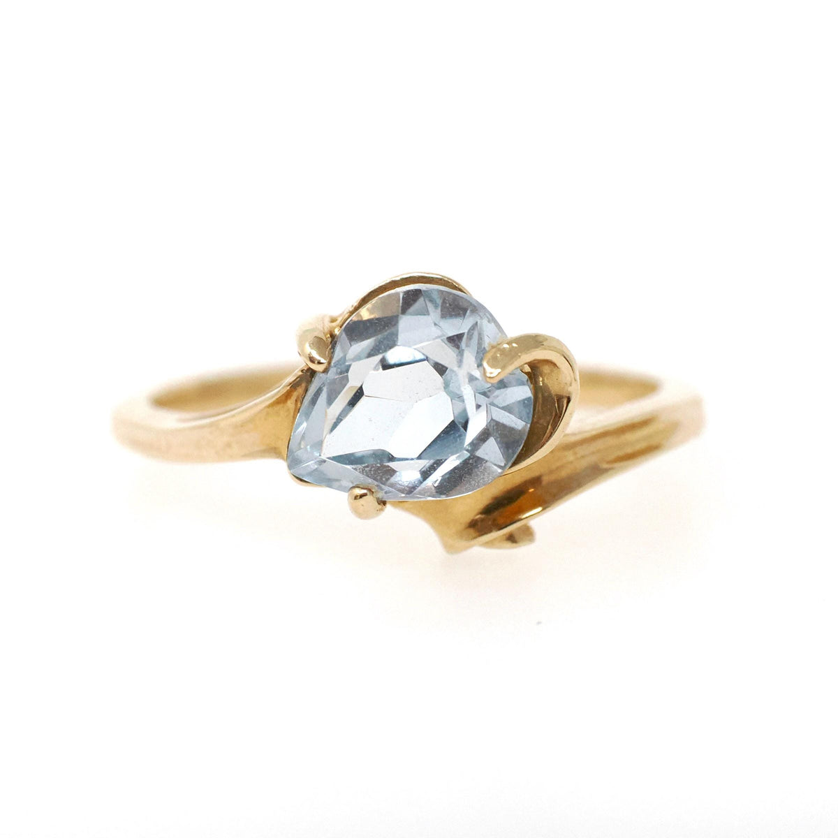 Created Spinel Ring - Modernist 10k Yellow Gold Light Blue Heart Stone - Vintage Circa 1970s Size 7 Asymmetrical Bypass Style Fine Jewelry