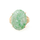 Carved Jadeite Ring - Vintage 14k Yellow Gold Carved Green Floral Jade Gemstone Solitaire - Modernist 1970s Era Size 6 1/2 Fine Jewelry