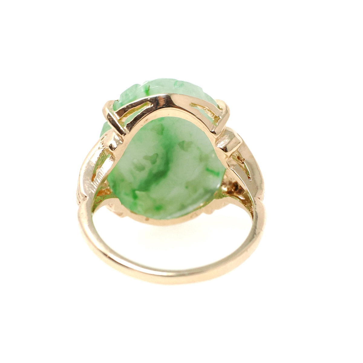 Carved Jadeite Ring - Vintage 14k Yellow Gold Carved Green Floral Jade Gemstone Solitaire - Modernist 1970s Era Size 6 1/2 Fine Jewelry