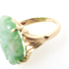 Carved Jadeite Ring - Vintage 14k Yellow Gold Carved Green Floral Jade Gemstone Solitaire - Modernist 1970s Era Size 6 1/2 Fine Jewelry