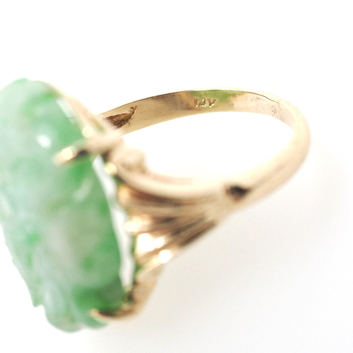Carved Jadeite Ring - Vintage 14k Yellow Gold Carved Green Floral Jade Gemstone Solitaire - Modernist 1970s Era Size 6 1/2 Fine Jewelry