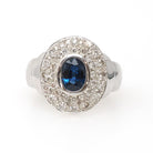 Sapphire Engagement Ring - Contemporary 14k White Gold Blue Gem & Diamond Pave Halo - Circa 1990s Era Size 6 3/4 Fine Statement Jewelry