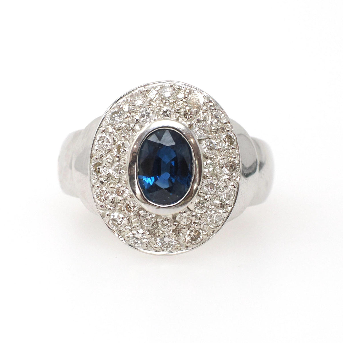 Sapphire Engagement Ring - Contemporary 14k White Gold Blue Gem & Diamond Pave Halo - Circa 1990s Era Size 6 3/4 Fine Statement Jewelry