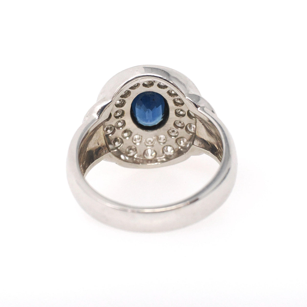 Sapphire Engagement Ring - Contemporary 14k White Gold Blue Gem & Diamond Pave Halo - Circa 1990s Era Size 6 3/4 Fine Statement Jewelry