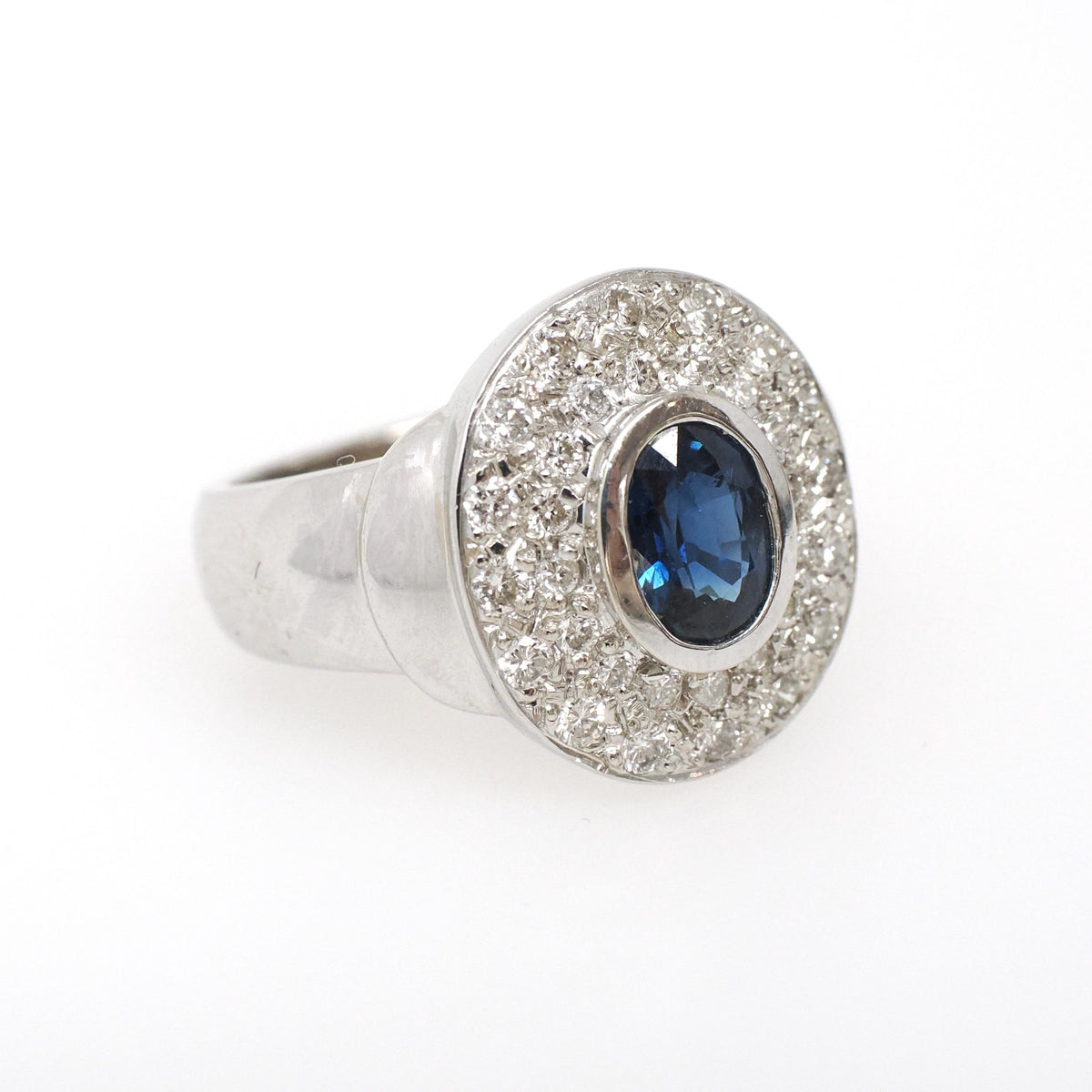 Sapphire Engagement Ring - Contemporary 14k White Gold Blue Gem & Diamond Pave Halo - Circa 1990s Era Size 6 3/4 Fine Statement Jewelry