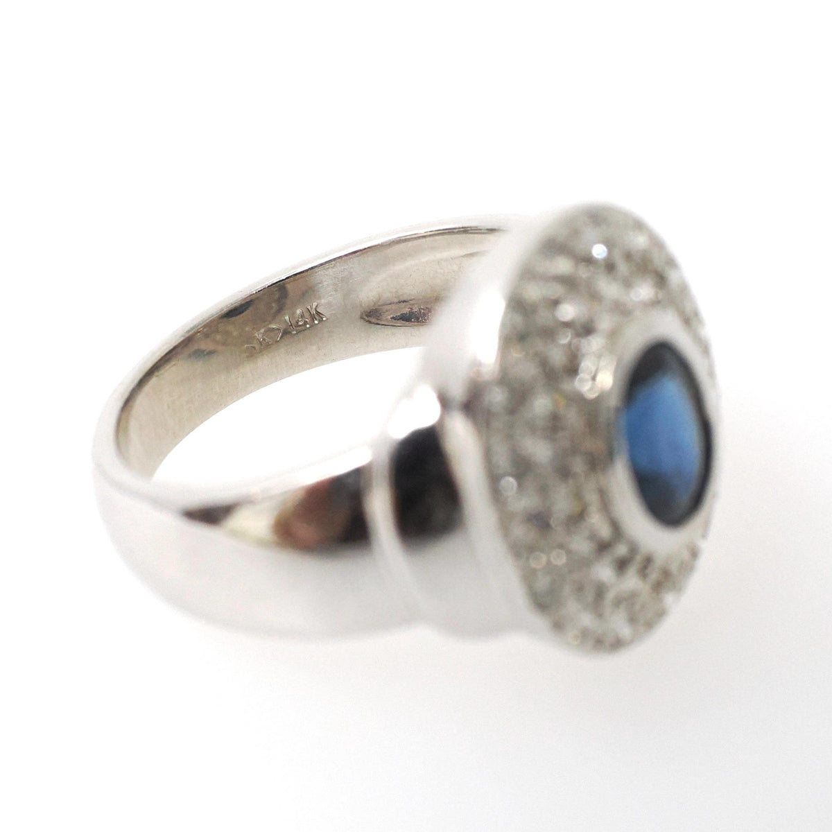 Sapphire Engagement Ring - Contemporary 14k White Gold Blue Gem & Diamond Pave Halo - Circa 1990s Era Size 6 3/4 Fine Statement Jewelry