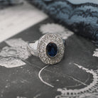 Sapphire Engagement Ring - Contemporary 14k White Gold Blue Gem & Diamond Pave Halo - Circa 1990s Era Size 6 3/4 Fine Statement Jewelry