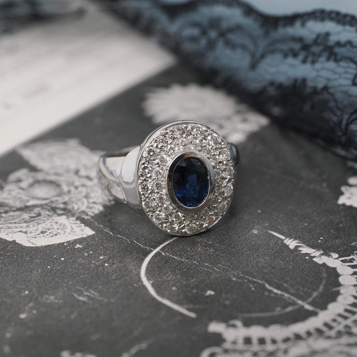 Sapphire Engagement Ring - Contemporary 14k White Gold Blue Gem & Diamond Pave Halo - Circa 1990s Era Size 6 3/4 Fine Statement Jewelry