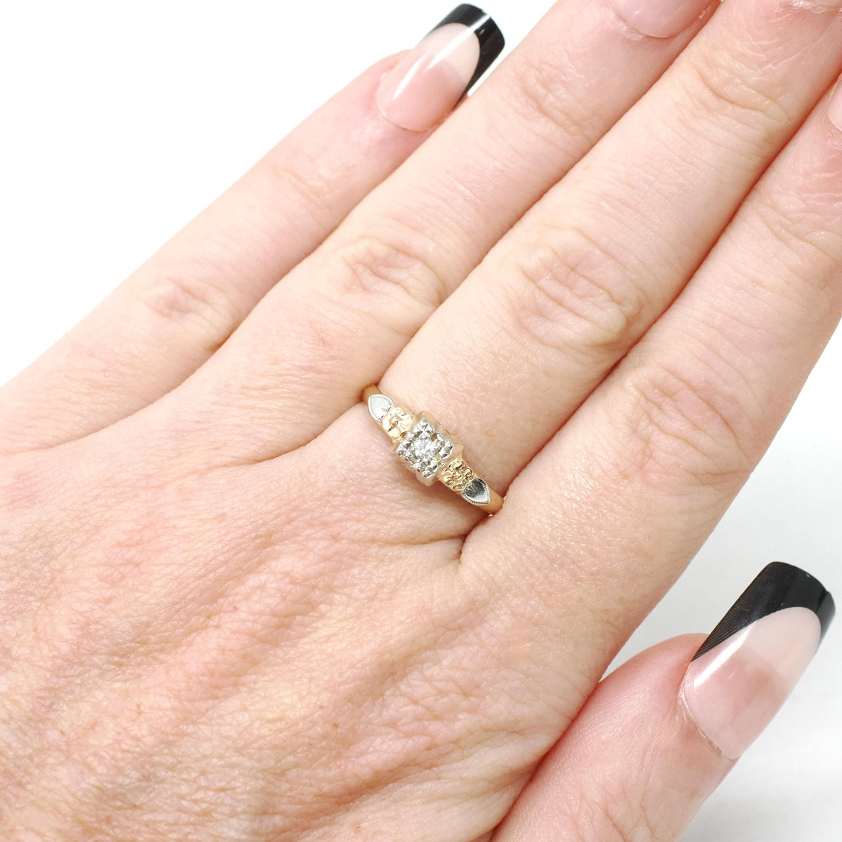 Flower Engagement Ring - Vintage 14k Yellow & White Gold Two Tone Diamond Solitaire - Circa 1940s Era Size 6 Fine Sweetheart Bridal Jewelry