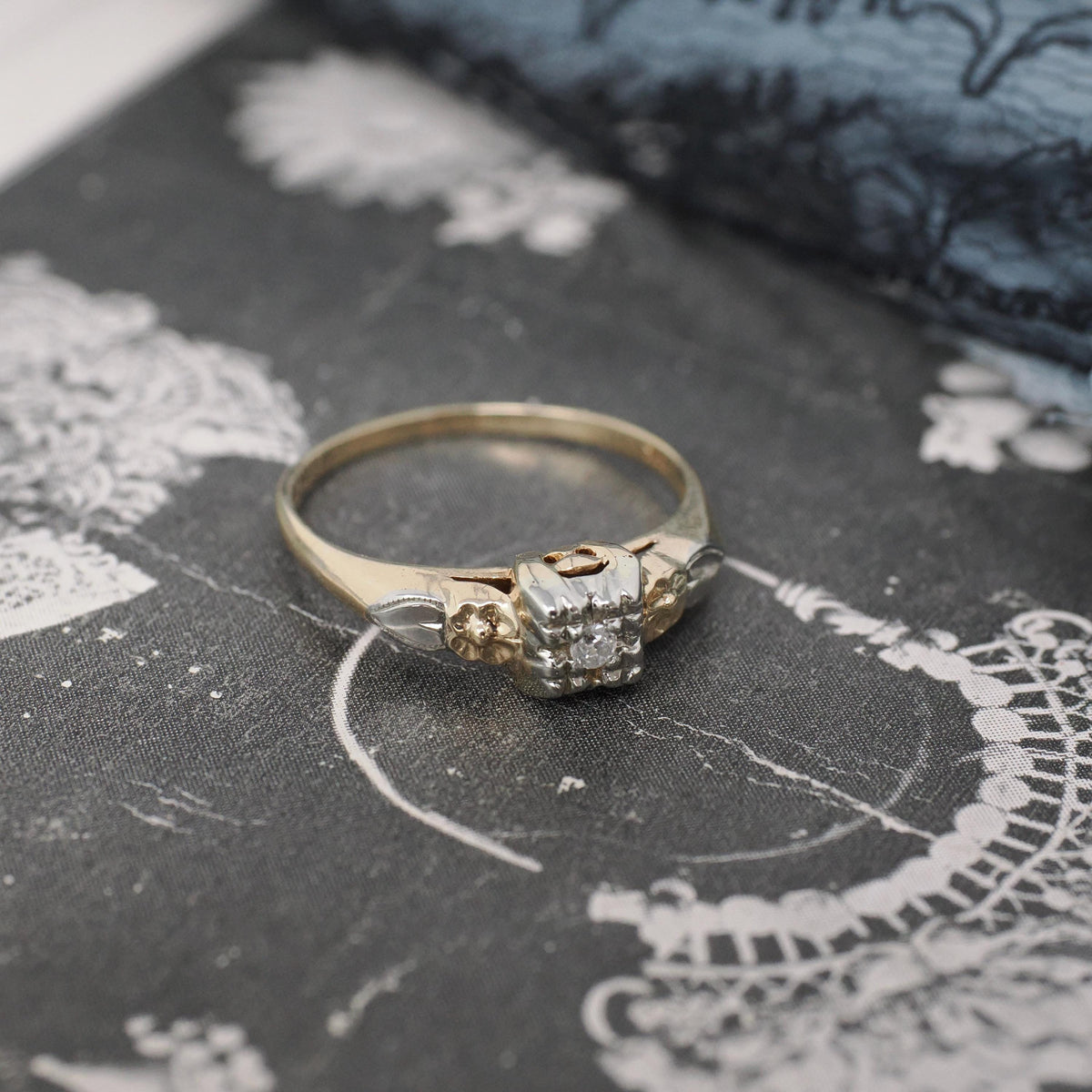 Flower Engagement Ring - Vintage 14k Yellow & White Gold Two Tone Diamond Solitaire - Circa 1940s Era Size 6 Fine Sweetheart Bridal Jewelry