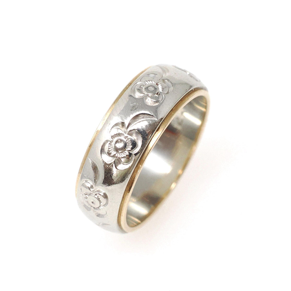 Vintage Flower Band - Mid Century 14k Yellow & White Gold Floral Design Ring - Circa 1960s Era Size 6 1/4 Two Tone Fine Statement Jewelry
